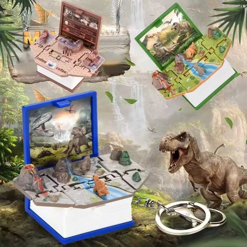 3D Fold Book Keychain Children Kids Toy New Year Christmas Gift Anxiety Stress Relief Dinosaur Castle