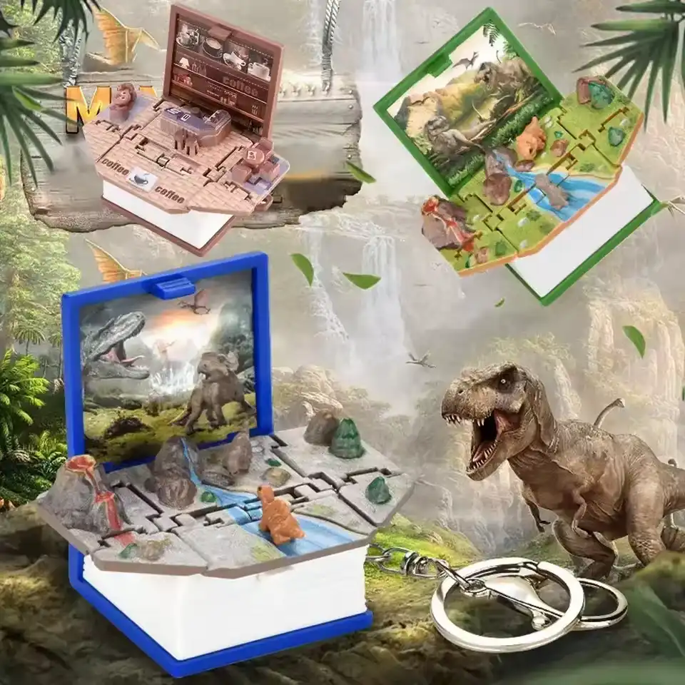 3D Fold Book Keychain Children Kids Toy New Year Christmas Gift Anxiety Stress Relief Dinosaur Castle